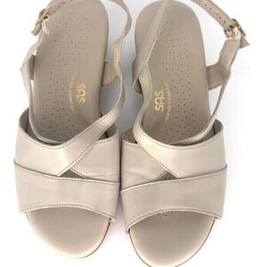SAS Womens 7.5 WW Caress Bone Leather Tripad Comfort Sandal Open Toe Wedge Heel